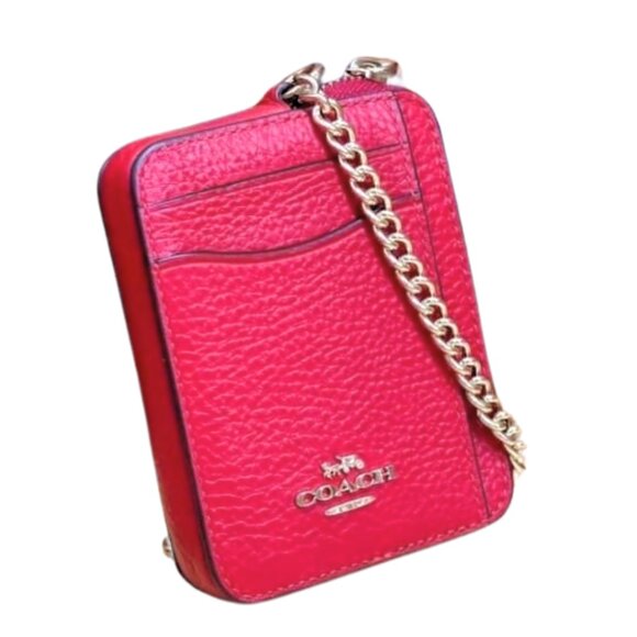 COACH Zip Card Case Cherry Leather Gunmetal Accents Detachable Chain - Picture 4 of 6